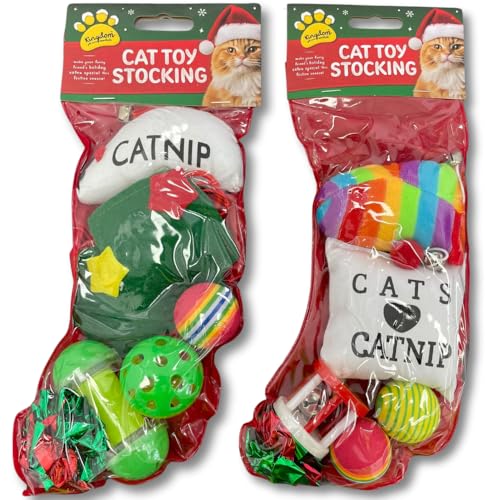 2 x Cat Toy Stockings - Festive Fun For Your Furry Friend. Balls, Mice, Bells - Everything your cat needs for Christmas