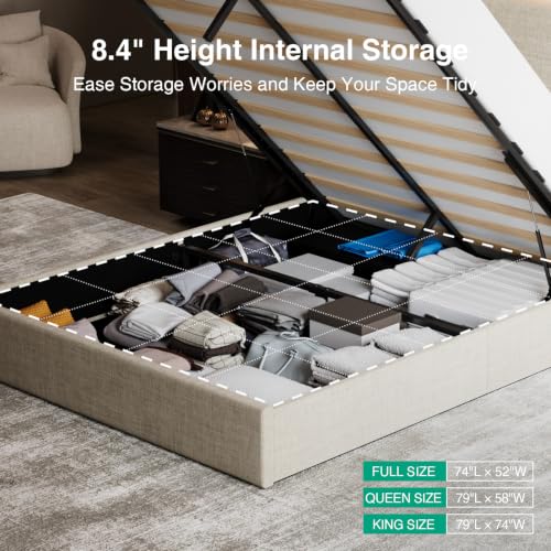 Image of Novilla Full Lift Up Storage Bed Frame /Charging Station /LED Light, Beige