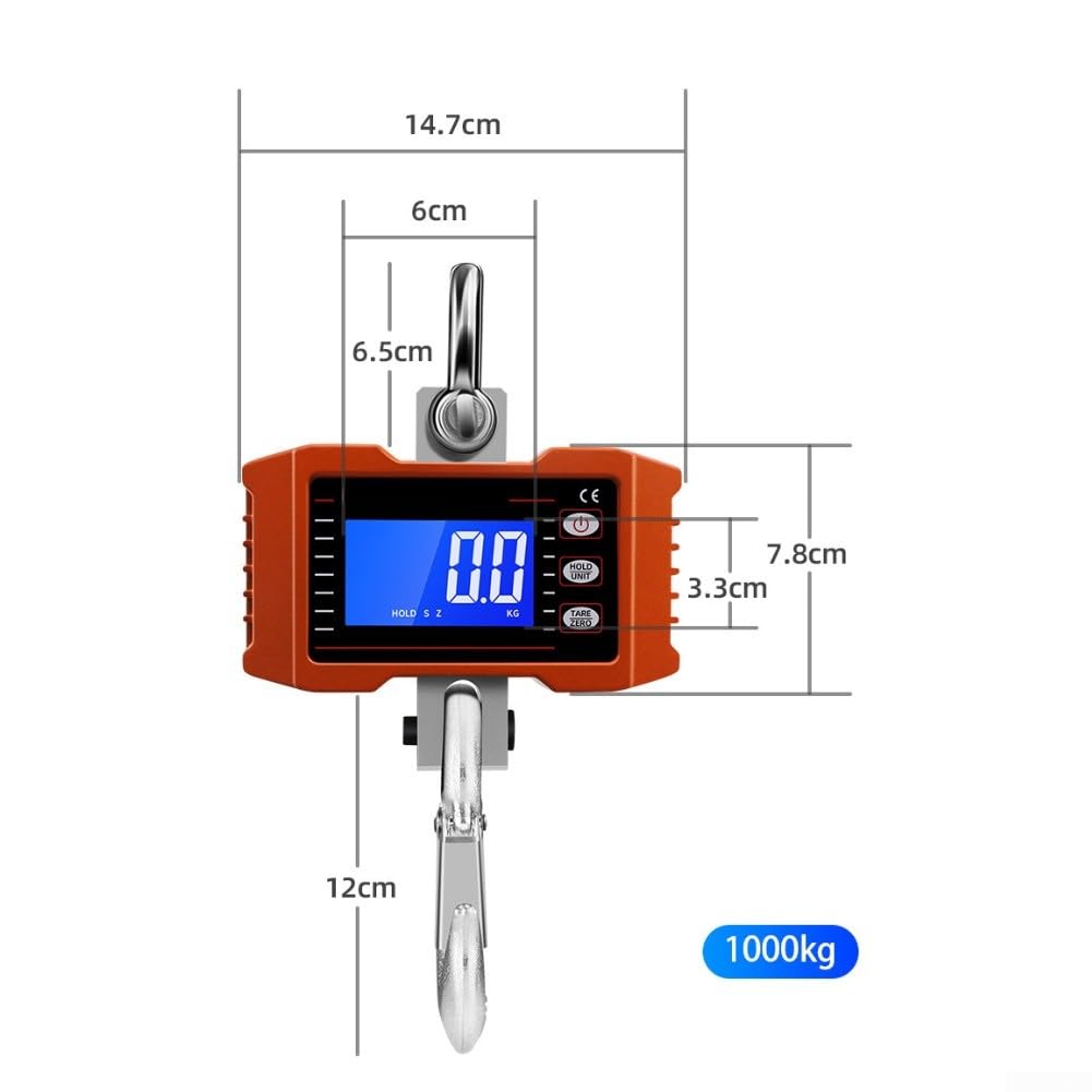 Báscula industrial de grúa de 1000 kg, báscula electrónica de elevación de visión directa, control remoto inalámbrico, color naranja, pesaje alimentado por pilas