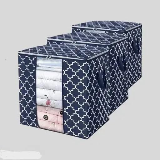 Non-woven Printed Storage Bags [3 Pack/100L] Large Blanket Clothes Organization and Storage Containers for Comforters, Bedding, Foldable Organizer, Blue, Non-Woven Fabric
