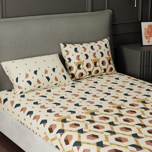 Image of BLISSHOME SoftTouch 150TC Cotton King Size Fitted Bedsheet with 2 Pillow Covers, Silky Smooth Bedding Set, Breathable, Easy Maintain, Geometric Pattern - Beige (183cm x 198cm + 25cm Drop)
