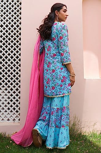 Image of Janasya Women's Sky Blue Georgette Digital Floral Printed Short Kurta with Sharara and Dupatta