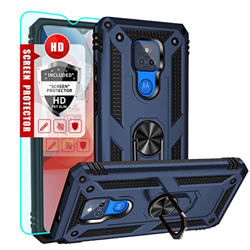 Moto G Play Case,Motorola G Play Case,with HD Screen Protector,YZOK [Military Grade] Ring Car Mount Kickstand Hybrid Hard PC Soft TPU Shockproof Protective Case for Motorola Moto G Play 2021 (Blue)