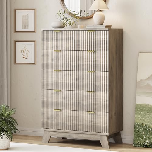 Image of Xixini Fluted Dresser for Bedroom with 6 Drawers, 46 inch Tall Modern Chest of Drawers with Metal Handle, Wooden Dresser TV Stand, Wood Closet Clothes Storage Organizer for Living Room, Hallway, Grey