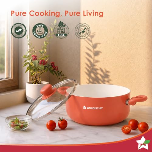 Image of Wonderchef Natura Ceramic Casserole & Glass Lid for Cooking, 24cm, 4.5L, Non-Toxic Chemical-Free Coating, PFOA /PFAS-Free, Scratch-Resistant, Gas & Induction Compatible, 2-Yr Warranty, Peach