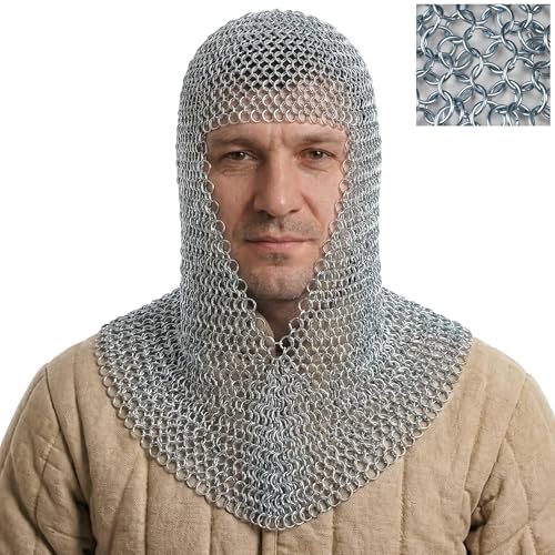 MythrojanMedieval Chainmail Coif 16 Gauge Mild Steel 10 mm Butted Rings Zinc Plated 4-in-1 Weave for LARP Cosplay & Costume - Silver Large