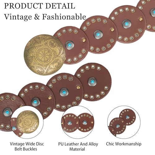 Wide Disc Belt for Women - PU Leather Hollow Out Turquoise Round Belts Vintage Western Cowboy Cowgirl Waist Belt2