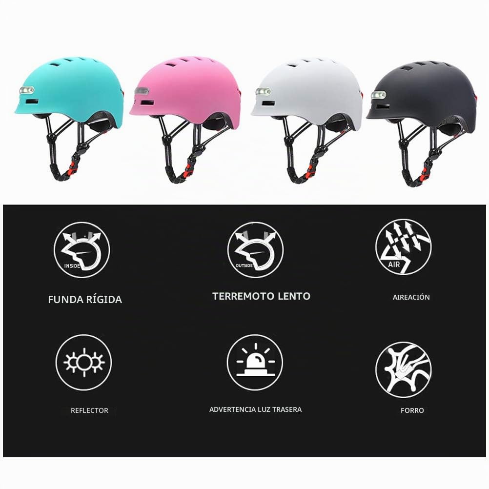 Casco de Ciclismo Ligero, Casco de Bicicleta con Luz LED Casco de Rueda de Patineta Eléctrica Casco de Patineta con Luz LED y Luz Trasera