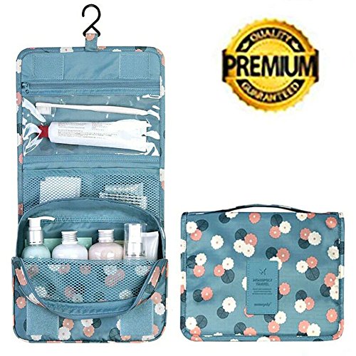 Image of Travel Kit Organizer Bathroom Storage Toiletry Bag with Hanging Hook,Hanging Organizer Bag for Women Girls, (Blue Flowers)