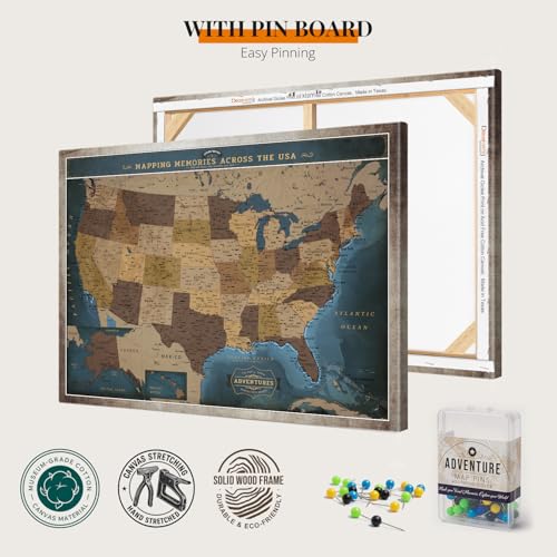 Image of DECORARTS - Deep Blue Vintage USA Travel Map Canvas with Pins, US Map for Travel, for Living Room, Office or Entryway, Ready to Hang, 40x30''