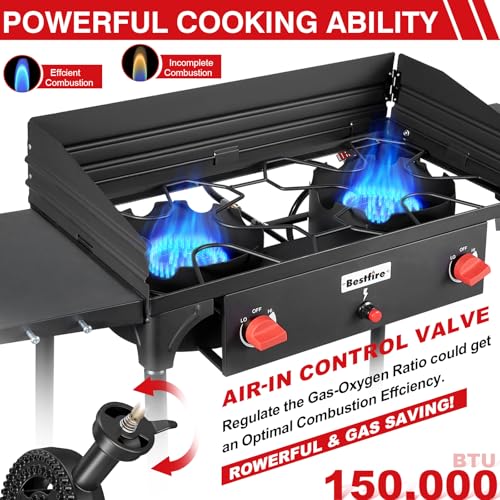 Image of Bestfire 2 Burner Propane Stove, 150,000 BTU High Pressure Camping Burner with Windscreen, Side Shelves, Removable Legs, CSA Certified for Outdoor BBQ Backyard Cooking