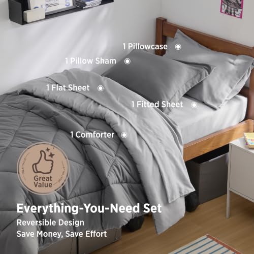 Image of Bedsure Twin Comforter Set - 5 Pieces Reversible Grey Bedding, Twin Size Bed Set for All Seasons, Bed in a Bag with Down Alternative Comforter, Sheets, Pillowcase & Sham