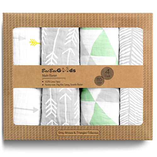 Muslin Swaddle Blankets â€“ Soft Pure Cotton Muslin Blankets â€“ 4 Pack of Breathable Swaddle Blankets â€“ Unisex Baby Swaddle Blanket in Grey White Designs â€“ Multi Use Muslin Blankets â€“ 47 x 47 inches