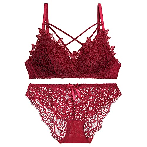 Soutien-gorge sans fil rouge résolvant les compressions avec culotte dentelle ajourée WENJUN