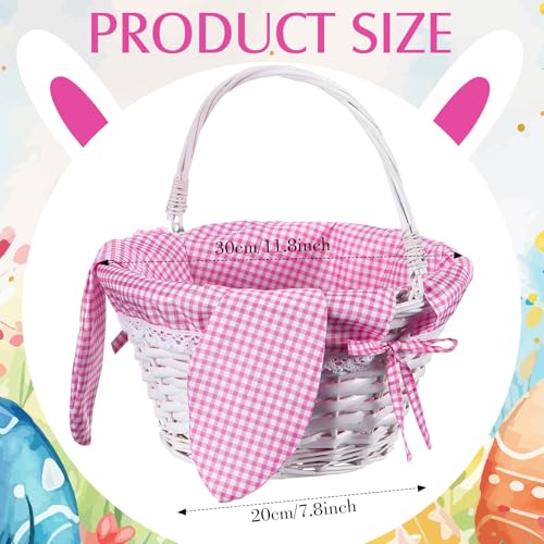 Image of Hushee Easter Willow Gift Basket 11 inchx7 inch Easter Wicker Bunny Baskets with Folding Handle Plaid Liners for Kids Toys Eggs Hunt Wood Bunny Bucket Decorations(Pink and White Plaid)