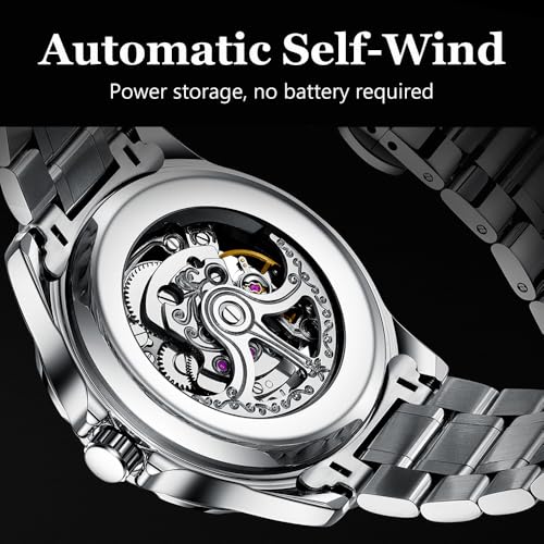 Image of Skeleton Automatic Mechanical Watch Mens Business Luxury Gift Steel Band | Stainless Steel Waterproof Male Golden Wristwatch Luminous Markers & Hands Hardlex Mirror Butterfly Double Button