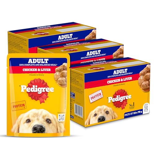 Image of Pedigree Adult Wet Dog Food, Chicken & Liver Chunks in Gravy, 70 g (Pack of 45), Complete & Balanced Meal for Adult Dogs