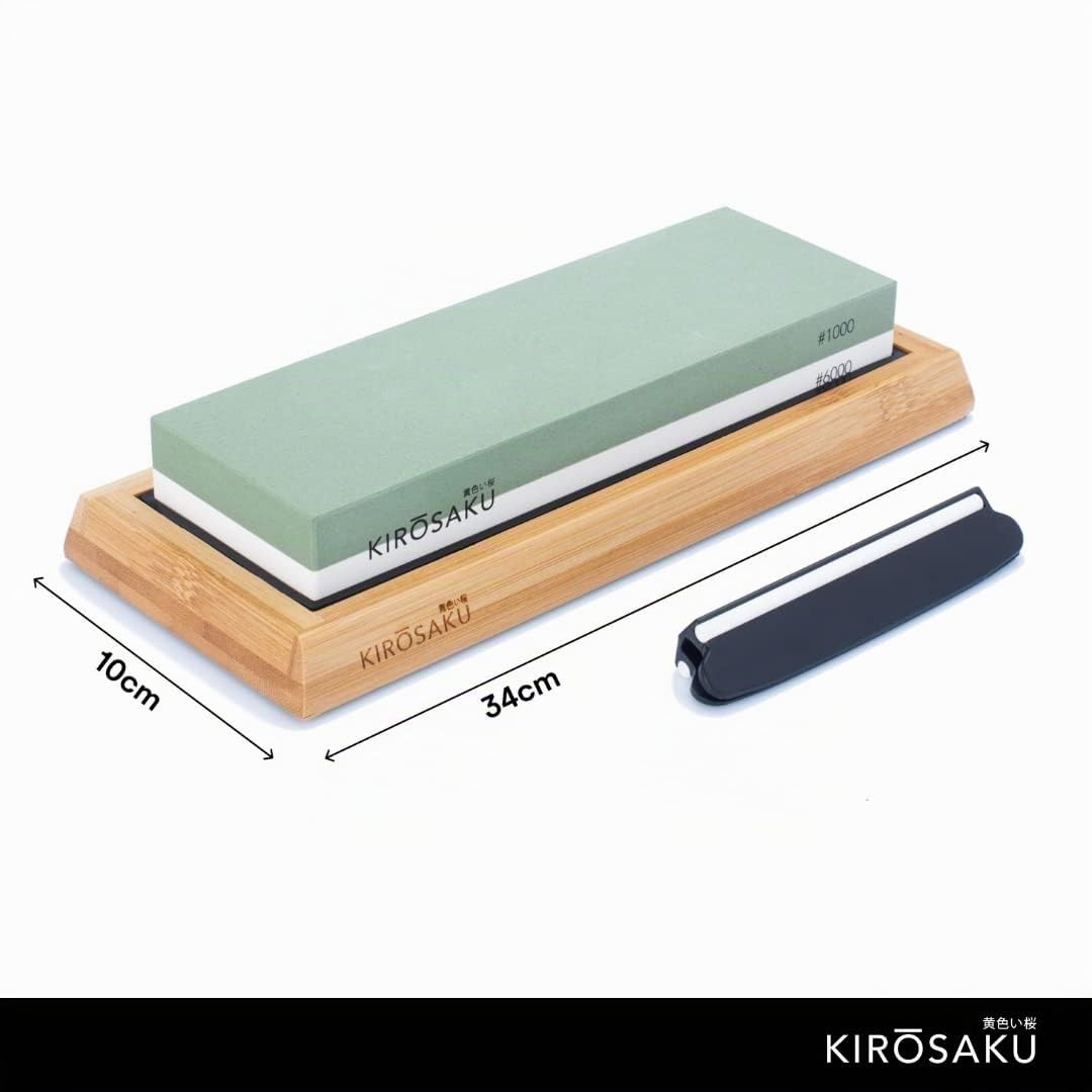 Piedra de afilar Kirosaku Premium 1000/6000 - Piedra de afilar Grain I para afilar y soporte de silicona antideslizante - Ideal para cuchillos de cocina en una elegante caja de almacenamiento