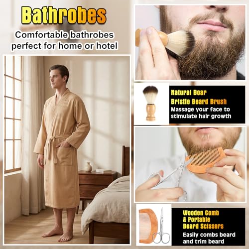 Image of Shyyween 10 Pcs Birthday Gifts Baskets for Men Father Gift Get Well Soon Gifts Beard Care Set Graduation Gift for Him with Bathrobe, Wallet, Beard Comb & Brush Set for Dad Boyfriend Husband(Khaki)