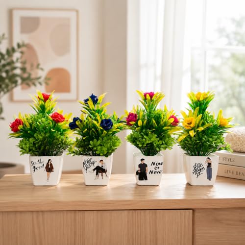 Image of 4 Pack Artificial Plants with Smiley Pot for Home Decoration, Decorative Plastic Flower Plant for Office Desk, Living Room, Bedroom & Table Decoration Artificial Flower Plants