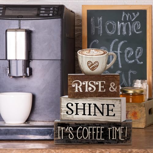 Image of Moucuny 4 Pcs Farmhouse Coffee Bar Sign Decor Wooden Cup Rise & Shine It's Coffee Time Rustic Wood Cafe Sign Gift for Home Kitchen Tabletop Decor