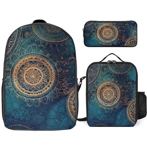 3 Piece Backpack for Women Men Lightweight Causal Daypack Shoulder Bag Set with Insulated Lunch Bag And Pencil Case Organizers Starry Mandala