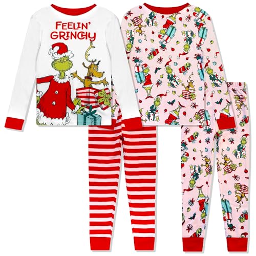 Dr. Seuss The Grinch Christmas Pajamas 4 Piece Set - Holiday Sleepwear Long Sleeve Tops & Pants Matching Kids Girls PJ Set Pink-white