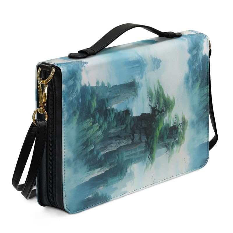 Kuiaobaty Turquoise Mountain Range Bible Book Carrying Book Case with Shoulder Strap, Wash Painting Bible Church Bag PU Leather Church Journal Bag