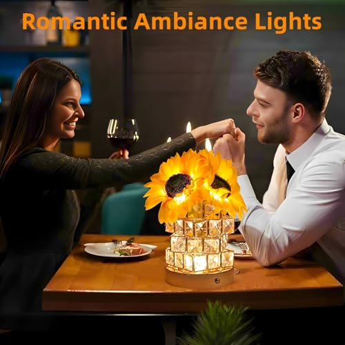 Image of Sunflowers Flower Lamp Cordless Touch Night Light Birthday Gifts for Women | Rechargeable Small Bedside Lamp,3-Colour Stepless Dimming Crystal Flower Table Lamps for Living Room Bedroom Decor Gift