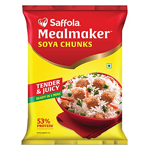Image of Saffola Masala Oats, Tasty Evening Snack, Veggie Twist, 500g & Saffola Mealmaker Soya Chunks with Supersoft Technology, Tender & Juicy, 1 kg (Pouch)