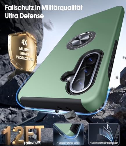AOUIA für Samsung Galaxy A56 5G Hülle mit 2 Stück Panzerglas, Militärischer Stoßschutz Samsung A56 5G Hülle mit 360° Drehbarer Ring Kickstand Handyhülle für Samsung A56 5G, Alpengrün 5