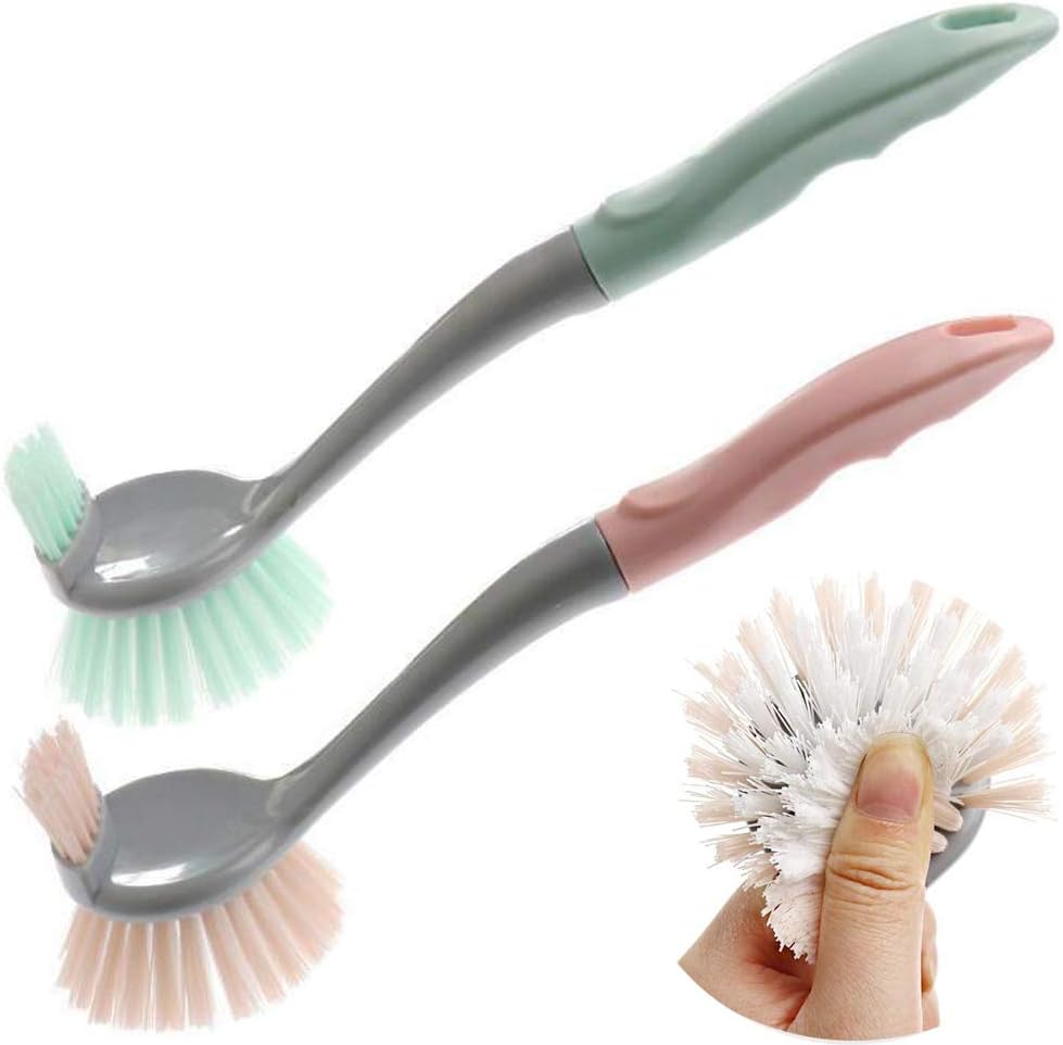 Dish Scrubber Brushes, Dish Cookware and Vegetable Brush with Durable Bristles, 2 Sided Dish Brush for Sink Kitchen Pot Pan Plate Cleaning, All Purpose Scrub Brush(Pink and Green)