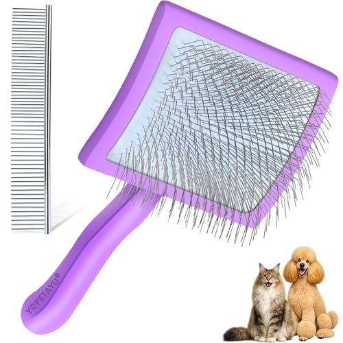 YOPETAYU Slicker Bürste für Hunde & Katzen mit Holzgriff – extra lange Borsten für langes Fell – entfernt Unterwolle & Knoten – mit Fellkamm – für Golden Retriever & Australian Shepherd – Lila