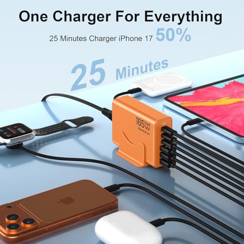 Image of 165W Charging Station, 6 Port Desktop Charger, 3 Ports 40W Orange | Multi-Device Charger, 3 PD USB C 40W and 3 15W USB A, Compatible with iPhone, Galaxy, MacBook, Tablets, Home Office, Travel