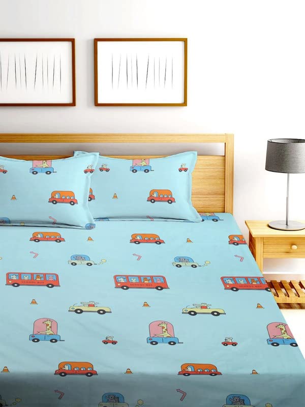 Image of NHD HOME Cotton All Around Elastic Fitted Premium Prints Queen Size Double Bed Bedsheet with 2 Large Pillow Covers Fits Upto Mattress of 8 Inches,Size-60 inch x 78 inch Inches, White & Green, 180 TC