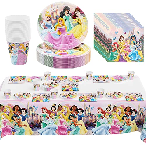 Princesa aniversário decoração 61 peças, decoração de festa, princesa artigos de festa, princesa conjunto de louça para aniversário, prato, guardanapo de papel, caneca, toalha de mesa, crianças