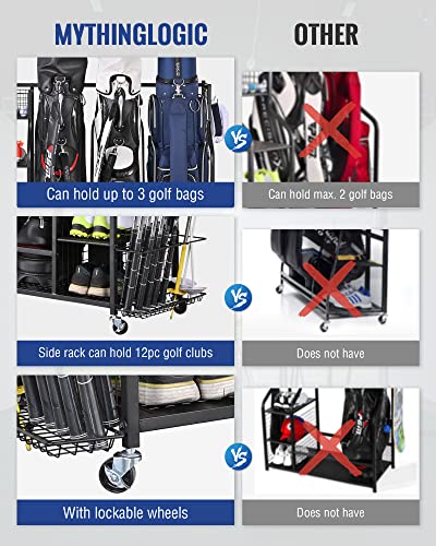 Image of Mythinglogic 3 Golf Bags Storage Organizer-Extra Large Size Fits 3 Full Size Golf Bags,Heavy-Duty Storage Bench for Garage