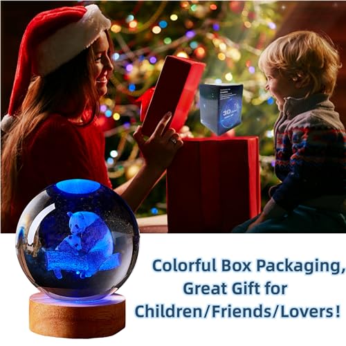 3D panda Crystal Ball lamp,3.15 inch K9 Crystal Ball night light,panda family Light with Wooden Base,glass ball table lamp,16 Colors Change with Remote Control,birthday christmas panda gift (B) - Image 5
