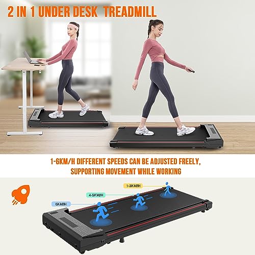 Compacte draagbare elektrische loopband, platte loopband voor onder het bureau, 1-6KM/H, LED-display en afstandsbediening, energiezuinig en geluidsarm, ruimtebesparend, geschikt voor thuis en kantoor. - Afbeelding 5