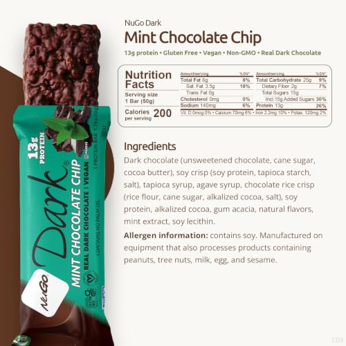 Image of NuGo Dark, Mint & Choco Chip, 12g Vegan Protein Bar, Gluten Free, 24 Count