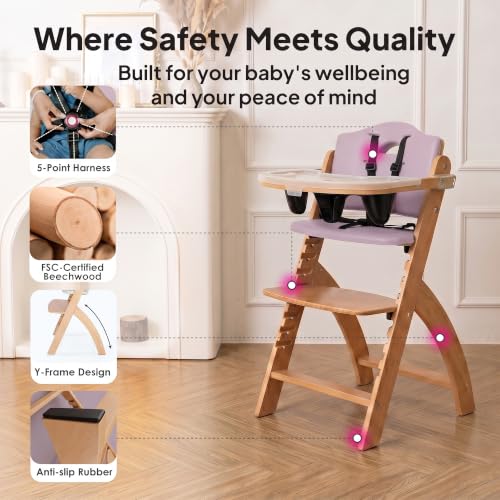 Image of Abiie Beyond Junior Wooden High Chair for Babies and Toddlers - Convertible 3-in-1 Baby Highchair with Removable Tray - 6 Months to 250 Lb - Water Resistant - Natural Wood with Lilac Cushion
