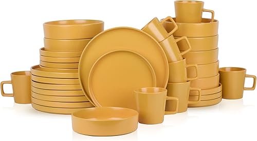Stone Lain Cleo Modern - Juego de vajilla de cerámica de 32 piezas, platos y cuencos, cuencos para pasta, servicio de platos para 8, color amarillo