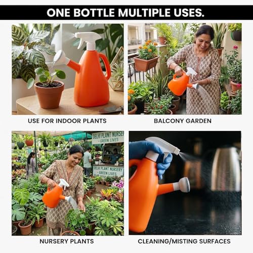 Image of Go Hooked 2in1 Plant Watering Can with Spray Bottle & Shower Head 1 Litre | Multi-Purpose Garden Water Sprayer for Indoor Plants, Balcony Garden & Nursery | Plastic Watering Pot with Handle (Orange)
