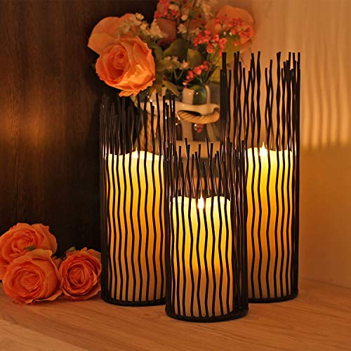 image for GiveU Metal Iron Willow Led Pillar Candle Holder Set of 3, Modern Blac