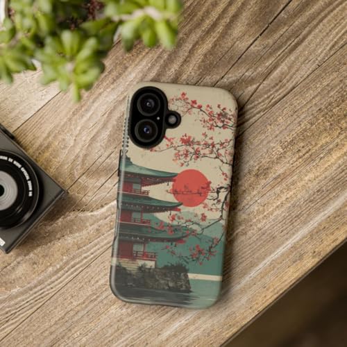 Coque iPhone 16 pagode et cerisier - Protection rigide mate motif japon