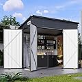 BinpLax 194 cu.ft Shed 7.3x5.3 Ft Premium Galvanized Steel Storage Sheds with Triple Doors Weatherproof Outdoor Utility Sheds, Dual Lock Lean to Shed for Mower, Bike, Generator, Garden Tools (Black)