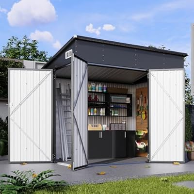 BinpLax 194 cu.ft Shed 7.3x5.3 Ft Premium Galvanized Steel Storage Sheds with Triple Doors Weatherproof Outdoor Utility Sheds, Dual Lock Lean to Shed for Mower, Bike, Generator, Garden Tools (Black)