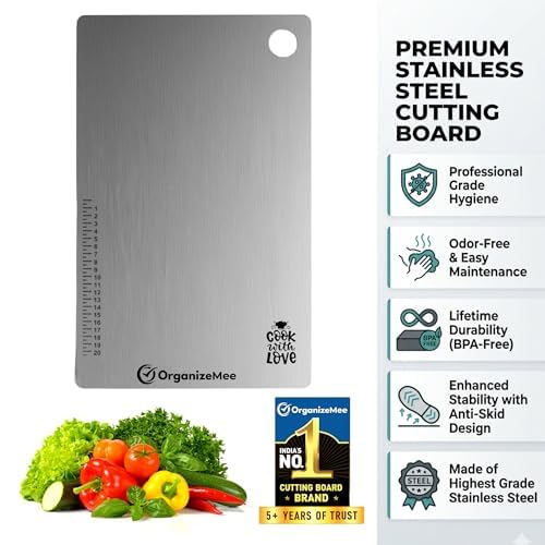 Image of OrganizeMee Extra Large Stainless Steel Chopping Board (45CM X 31CM) with Anti-Skid Silicon Pad, Metal Cutting Kitchen,Heavy Duty Chopping-Board Vegetable,Meats Vegetable Chopper Boards, Safe Durable