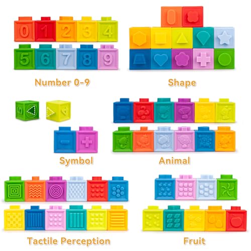 Image of 6 in1 Baby Toys 6-12 Months，Infant Toys 6-12 Months，Incl 12pc Soft Stacking Blocks &Silicone Pull String & Manhattan Ball& 2 Stacking Toys & Sensory Toys for Babies. Baby Development Toys