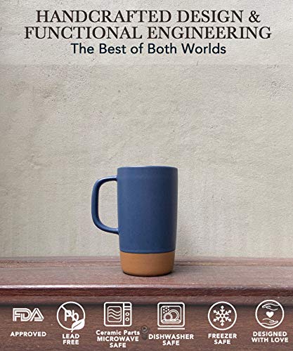 Mora Ceramics Large Tea Mug with Loose Leaf Infuser and Ceramic Lid, 18 oz, Portable, Microwave and Dishwasher Safe, Tall Coffee Cup - Rustic Matte Ceramic Glaze, Modern Herbal Tea Strainer, Deep Blue